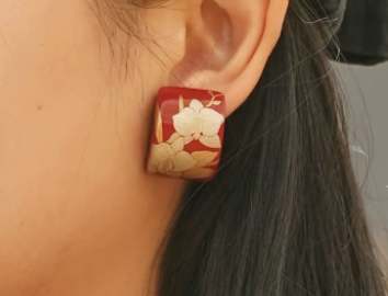 Orchid Maki-e Lacquer Stud Earrings | Red & Gold Hand-Painted Wooden | Handcrafted chinese-Inspired Urushi Lacquerware Earrings