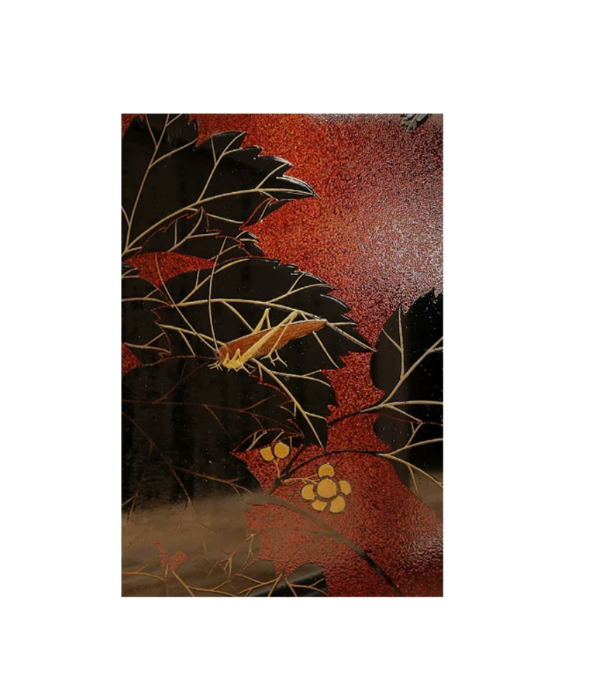 Advance-sale Mantis on Autumn Leaves Urushi Lacquer Wall Art | Hand-Painted Black & Red Japanese Botanical | Framed Lacquerware Wall Decor