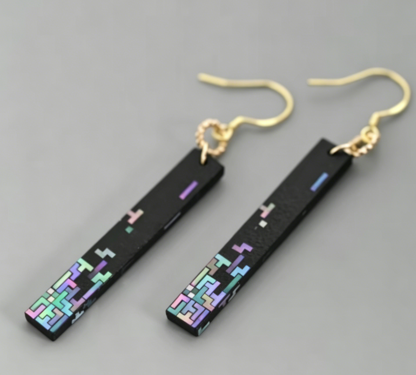 Tetris Pixel Mother of Pearl Drop Earrings | Iridescent Lacquer Game Inspired | Handcrafted Urushi Lacquerware Jewelry