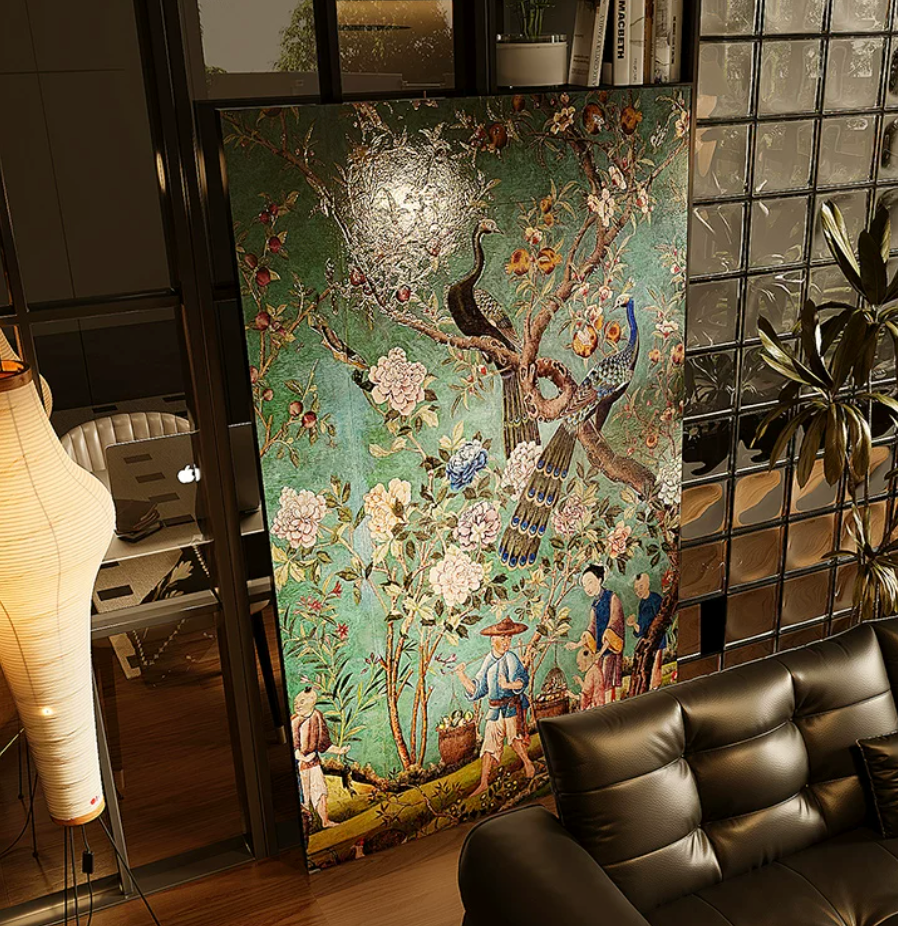 Advance-sale Peacock & Peony Chinoiserie Lacquer Wall Art | Hand-Painted Teal Garden Scene | Framed Chinese Lacquerware Wall Decor