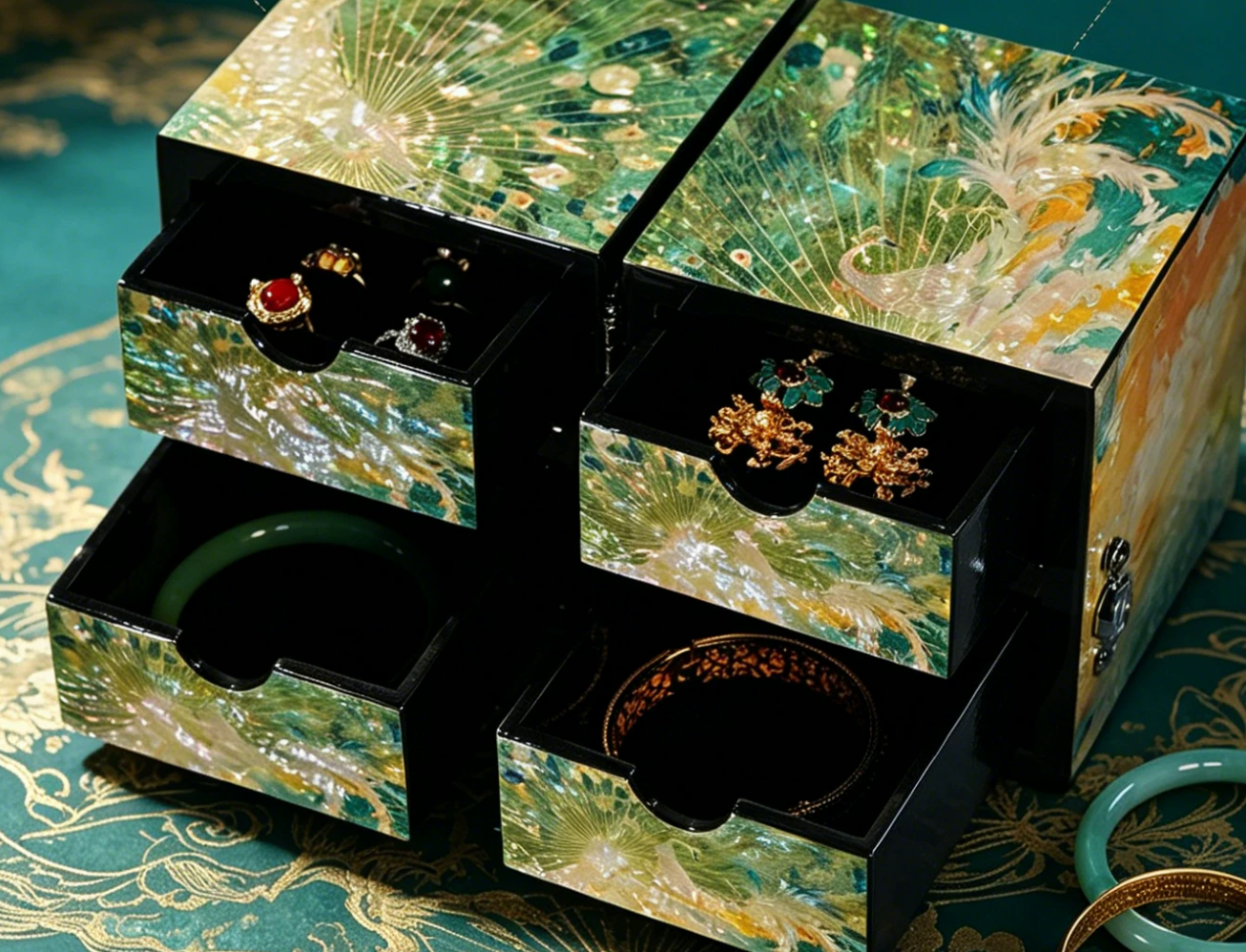 Deep Sea Shell Mother of Pearl Jewelry Box | One-of-a-Kind Iridescent Inlay | Luxury Handcrafted Chinese Lacquerware Gift Box