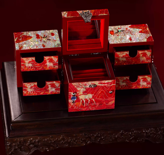 Red Phoenix Mother of Pearl Bridal Box | Full-Inlay Chinese Lacquerware | Luxury Handcrafted Wedding Dowry Jewelry Box