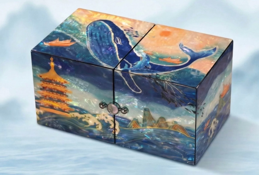 Blue Whale Flip-Open Mother of Pearl Jewelry Box | Iridescent Ocean Scene Inlay | Handcrafted Chinese Lacquerware Keepsake Box