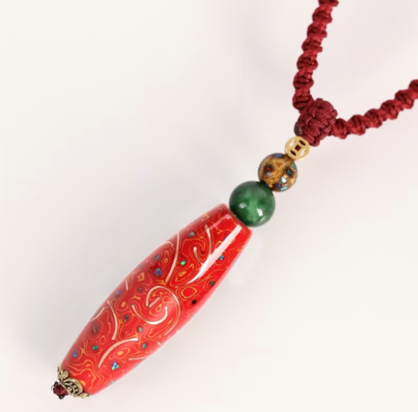 Kirin Lacquer Dzi Bead Pendant | Mother of Pearl & Copper Wire Inlay Urushi | Handcrafted Chinese Lacquerware Necklace