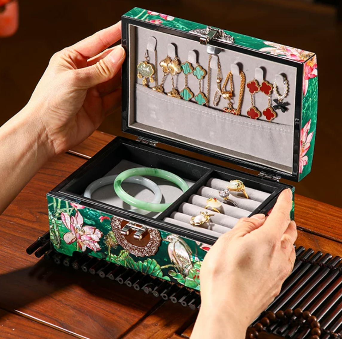 Lotus & Crane Mother of Pearl Jewelry Box | Double-Door Chinese Lacquerware | Handcrafted Emerald Green Floral Inlay Keepsake Box