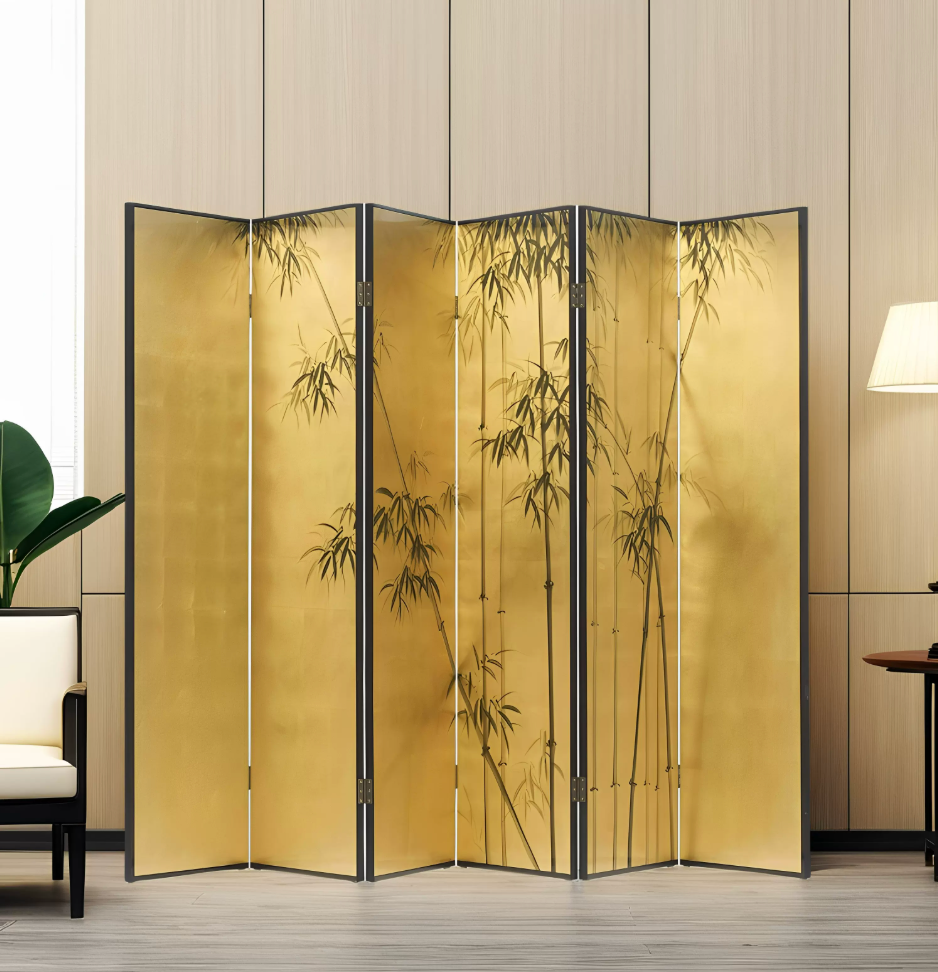 Advance sale-Classic Coromandel Wood Screen,New Chinese Style Folding Screen, Gold Foil Bamboo Painted Lacquer Art, Movable Room Divider Wall Decor for Living Room