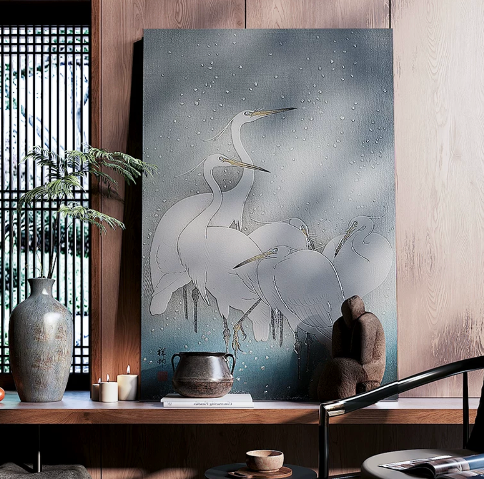 Advance-sale White Egret Urushi Lacquer Wall Art | Hand-Painted Wabi-Sabi Crane in Snow | Framed Japanese-Inspired Lacquerware Wall Decor