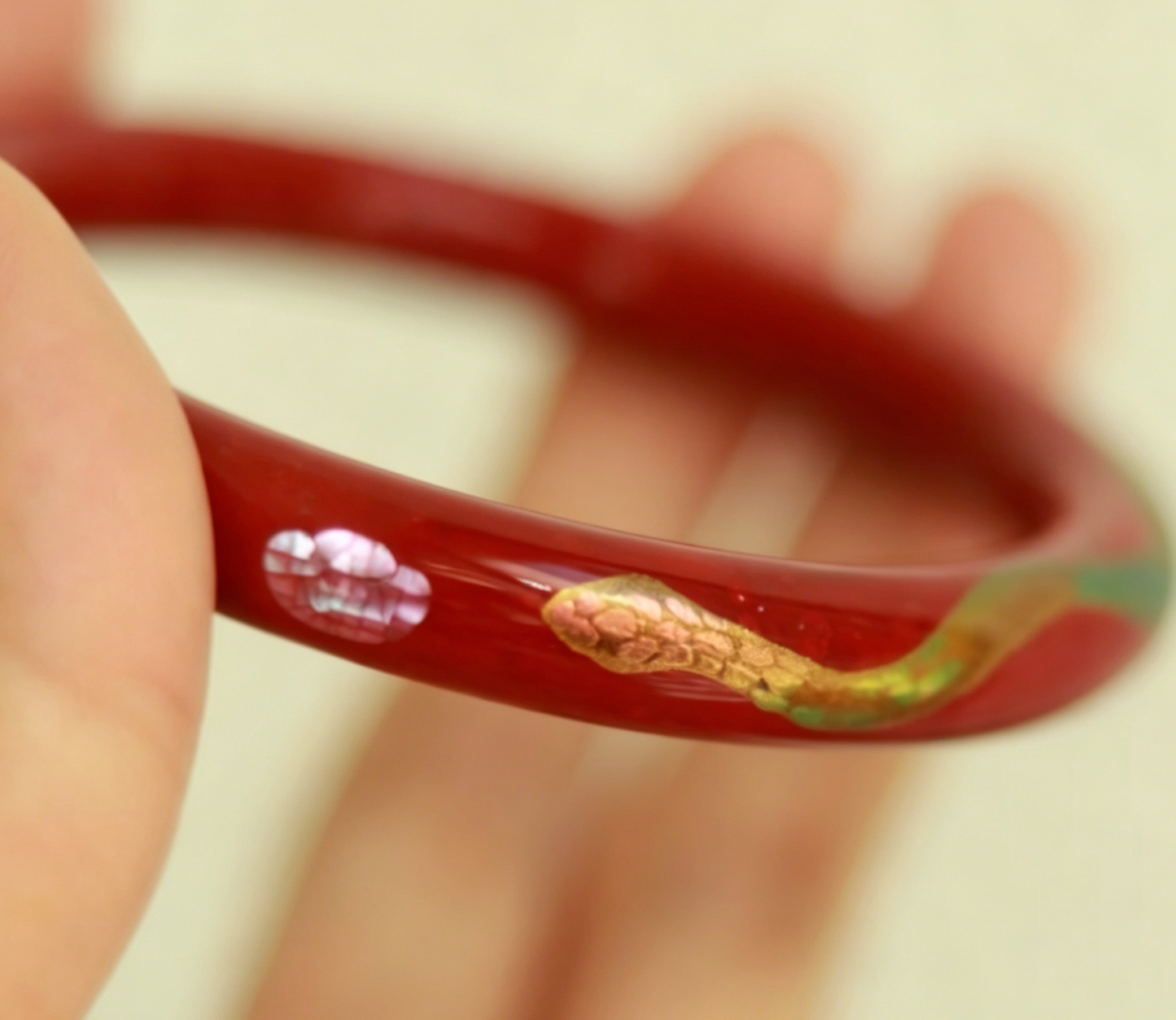 Green Snake Opal & Mother of Pearl Lacquer Bangle | Gold Hand-Painted Vermillion Urushi | Handcrafted Chinese Lacquerware Bracelet