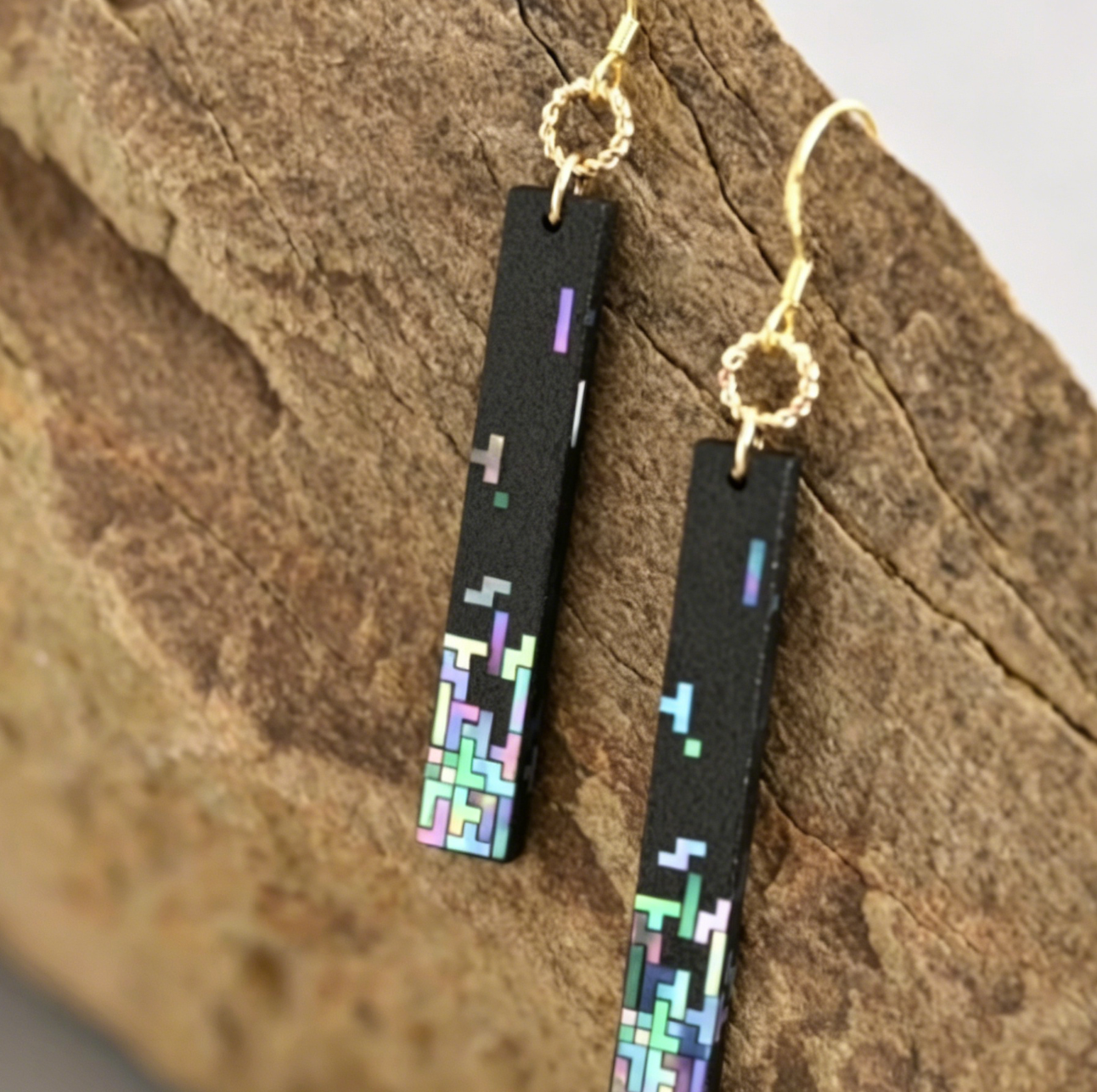 Tetris Pixel Mother of Pearl Drop Earrings | Iridescent Lacquer Game Inspired | Handcrafted Urushi Lacquerware Jewelry