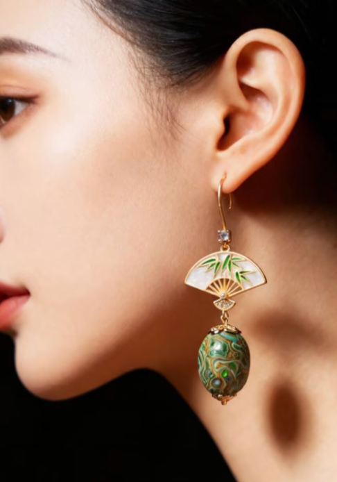 Fan & Jade Bead Rhinoceros Skin Lacquer Drop Earrings | Bamboo Motif Mother of Pearl | Handcrafted Urushi Lacquerware Statement Earrings