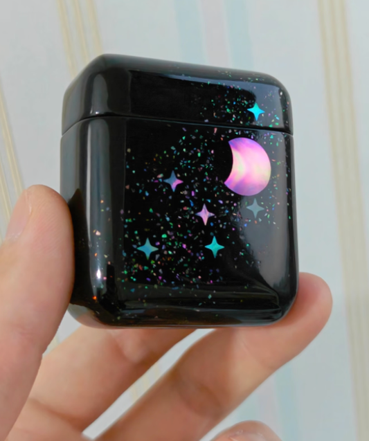 Advance-sale Starry Night Mother of Pearl AirPods Case | Iridescent Lacquer Moon & Galaxy | Handcrafted Urushi Lacquerware AirPods Cover