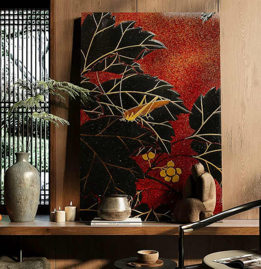 Advance-sale Mantis on Autumn Leaves Urushi Lacquer Wall Art | Hand-Painted Black & Red Japanese Botanical | Framed Lacquerware Wall Decor