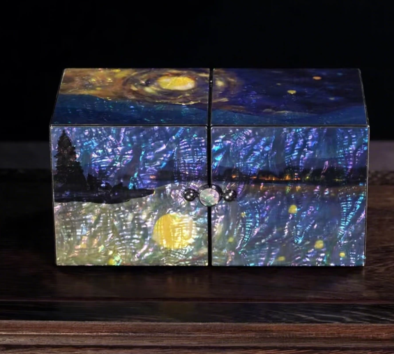 Starry Night Mother of Pearl Jewelry Box | Color-Shifting Iridescent Shell | Handcrafted Multi-Drawer Chinese Lacquerware Box