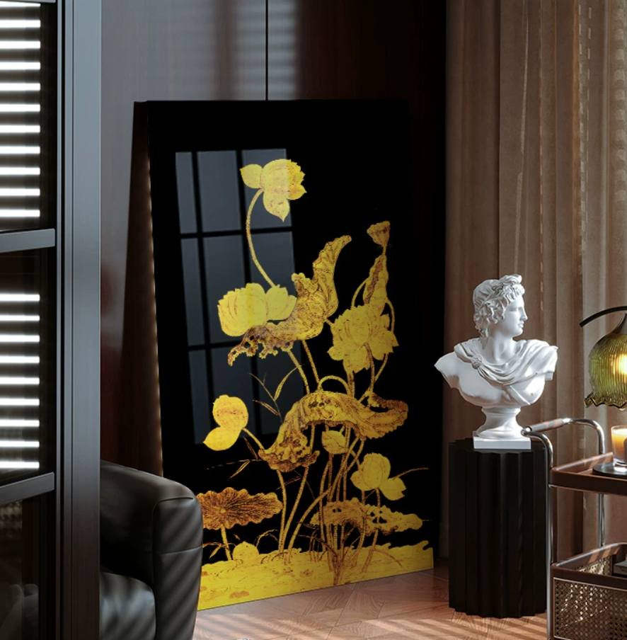 Advance -sale Gold Lotus Urushi Lacquer Wall Art | Hand-Painted Black & Gold Chinese Botanical | Framed Traditional Lacquerware Wall Decor