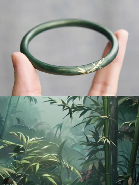 Bamboo Shadow Urushi Lacquer Bangle | Gold on Emerald Green Hand-Painted | Handcrafted Chinese Lacquerware Unisex Bracelet