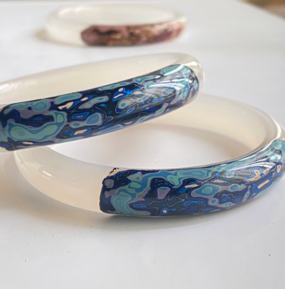 Agate & Urushi Lacquer Bangle | Blue Rhinoceros Skin Lacquer on White Stone | Handcrafted Chinese Lacquerware Bracelet
