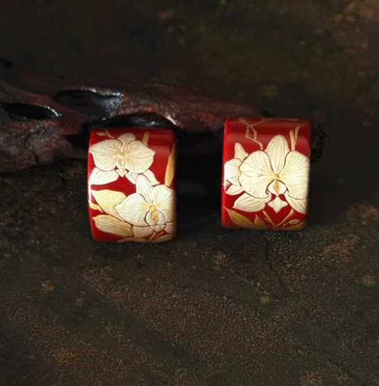 Orchid Maki-e Lacquer Stud Earrings | Red & Gold Hand-Painted Wooden | Handcrafted chinese-Inspired Urushi Lacquerware Earrings