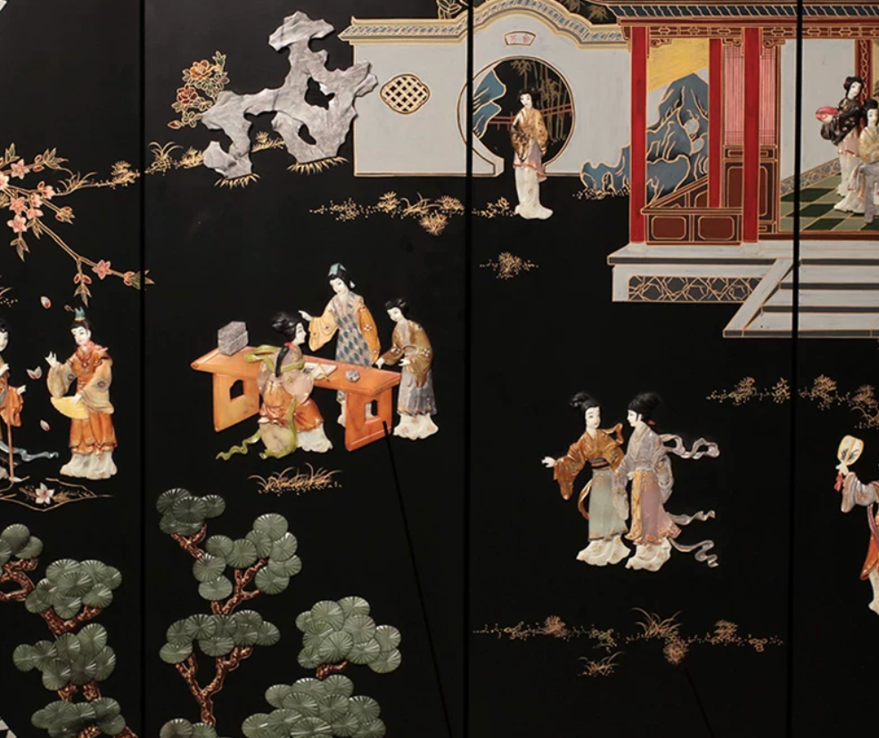 Advance sale-Classic Coromandel urushi Screen Bone & Stone Inlay Handmade Lacquer Room Divider Screen, Chinese Coromandel Wood Wall Decor