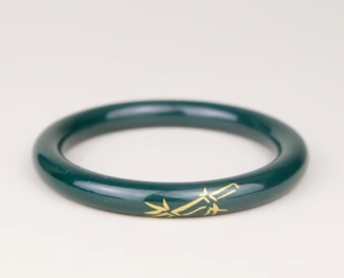 Bamboo Shadow Urushi Lacquer Bangle | Gold on Emerald Green Hand-Painted | Handcrafted Chinese Lacquerware Unisex Bracelet