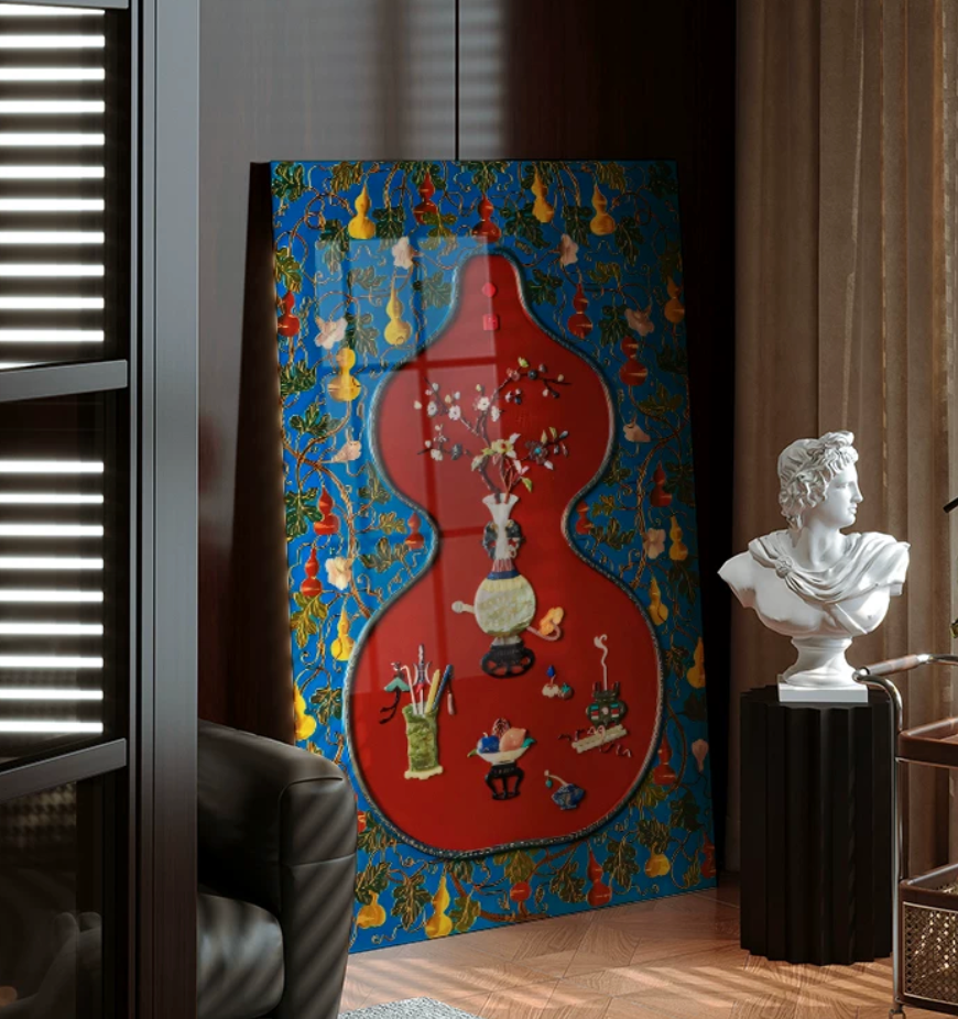 Advance-sale Gourd Vase Urushi Lacquer Wall Art | Hand-Painted Blue & Red Chinese Chinoiserie | Framed Traditional Lacquerware Wall Decor