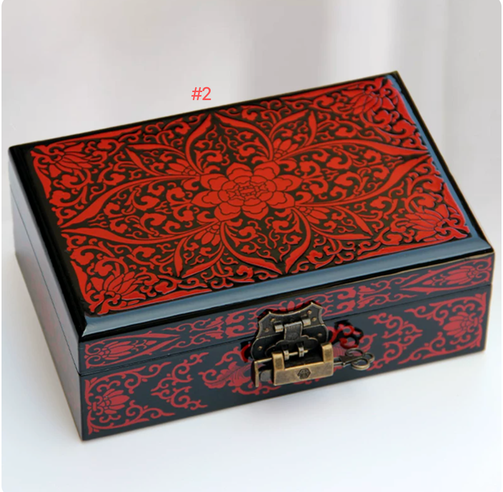 Red  Watch and Jewelry Box | Black Lacquer Relief Pattern | Handcrafted Chinese Antique Keepsake Storage Box
