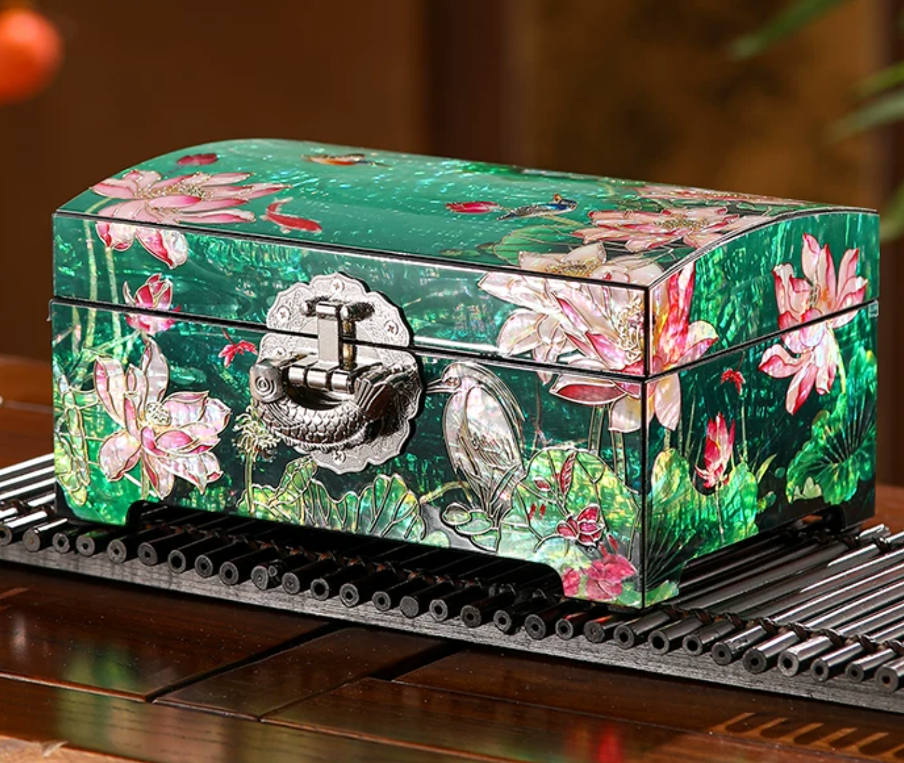 Lotus & Crane Mother of Pearl Jewelry Box | Double-Door Chinese Lacquerware | Handcrafted Emerald Green Floral Inlay Keepsake Box
