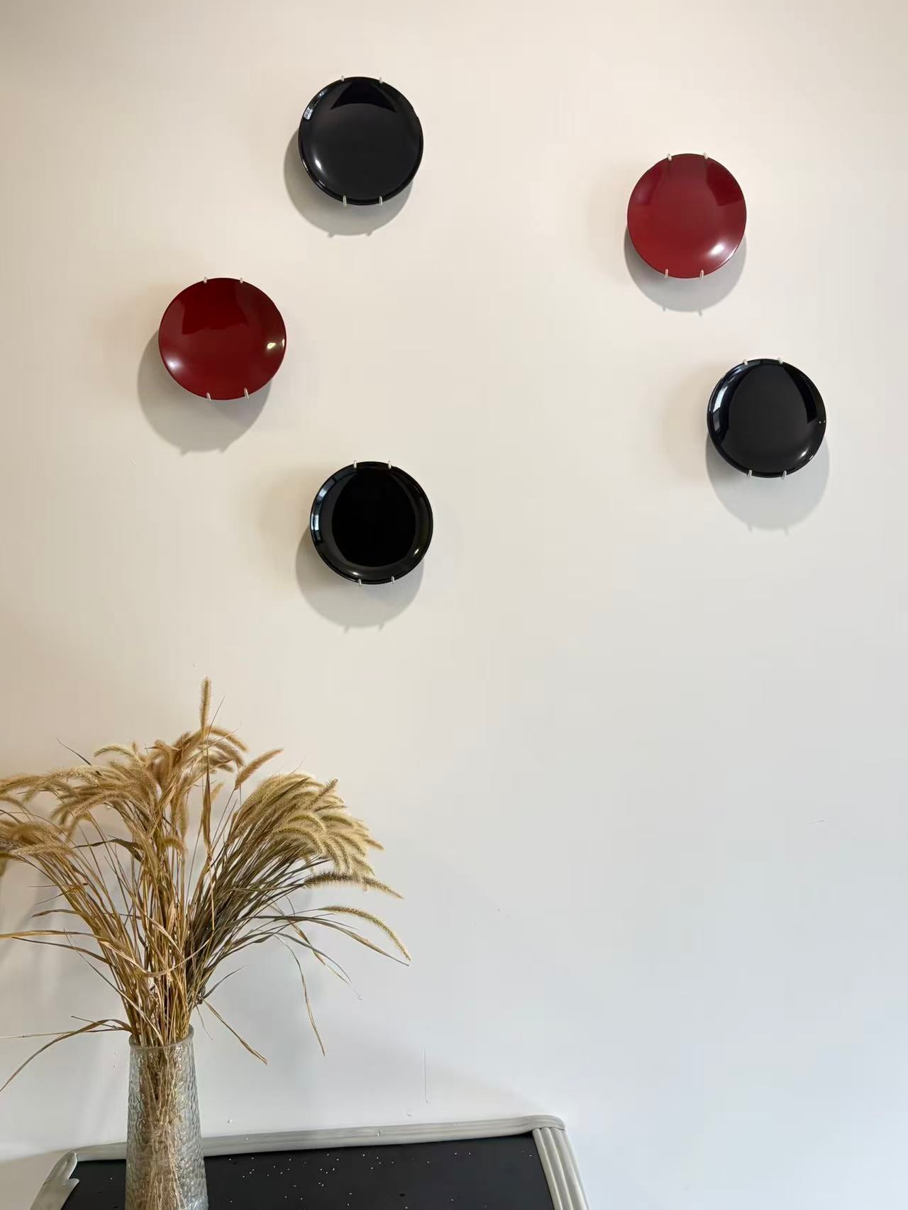 Handmade Urushi Lacquer Plate Wall Decor  Minimalist Red and Black Round Wall Art Set
