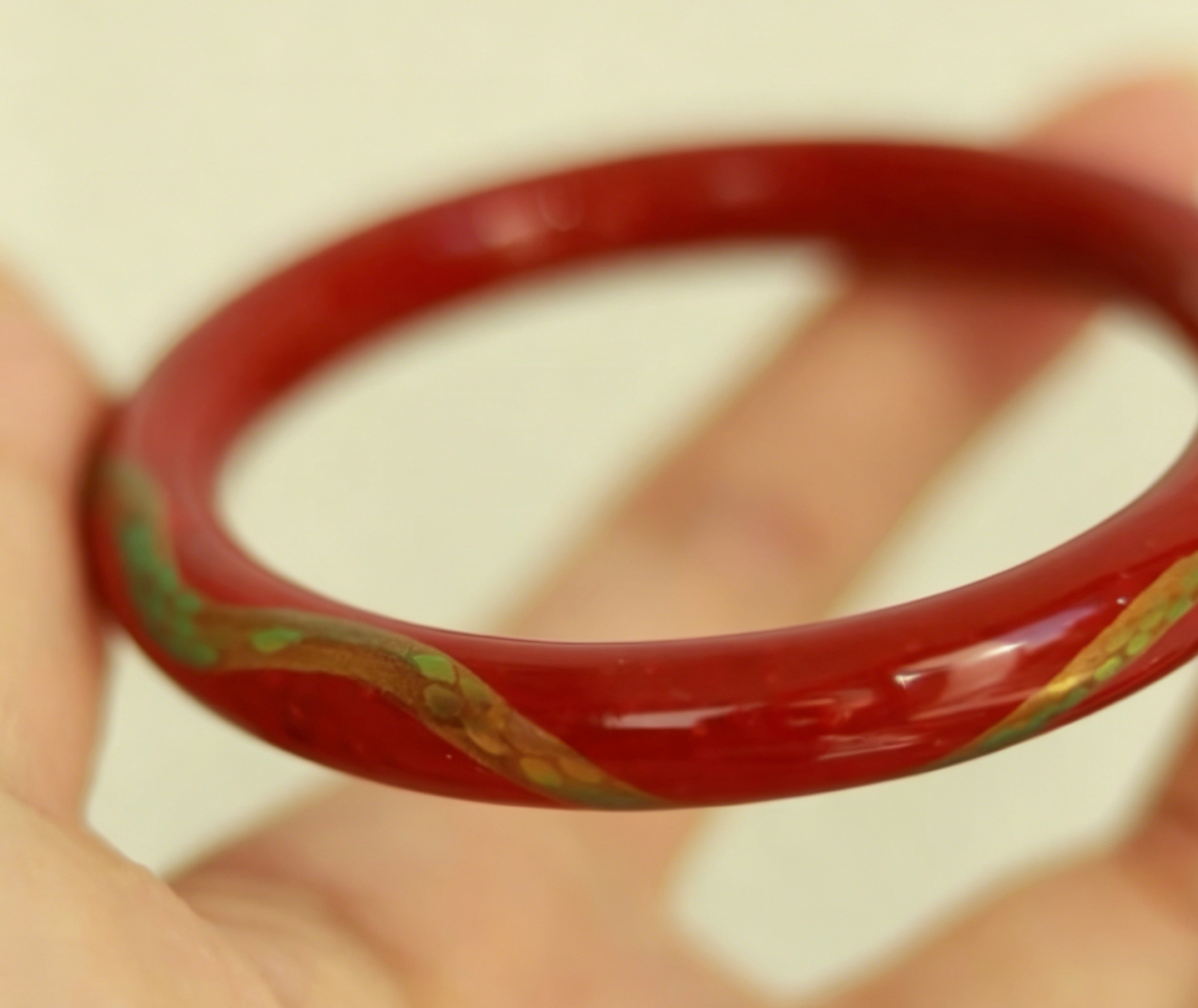Green Snake Opal & Mother of Pearl Lacquer Bangle | Gold Hand-Painted Vermillion Urushi | Handcrafted Chinese Lacquerware Bracelet