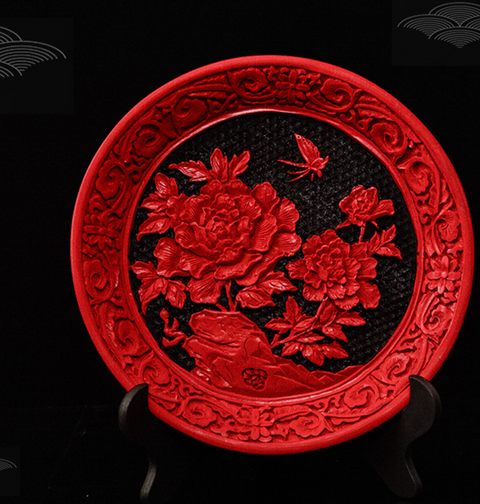 urushi carved lacquerware red decoration plate
