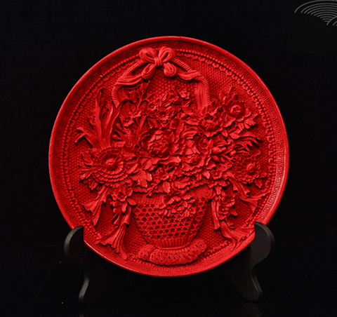 urushi carved lacquerware red decoration plate